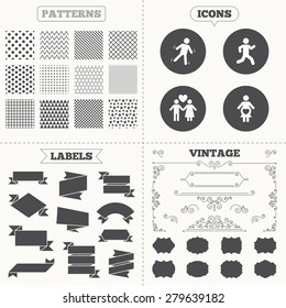 Seamless patterns. Sale tags labels. Women pregnancy icon. Human running symbol. Man love Woman or Lovers sign. Vintage decoration. Vector