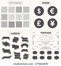 Seamless patterns. Sale tags labels. Dollar, Euro, Pound and Yen currency icons. USD, EUR, GBP and JPY money sign symbols. Vintage decoration. Vector
