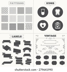 Seamless patterns. Sale tags labels. Medical icons. Tooth, test tube, blood donation and checklist signs. Laboratory equipment symbol. Dental care. Vintage decoration. Vector