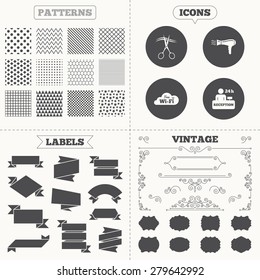 Seamless patterns. Sale tags labels. Hotel services icons. Wi-fi, Hairdryer in room signs. Wireless Network. Hairdresser or barbershop symbol. Reception registration table. Vintage decoration. Vector