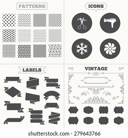Seamless patterns. Sale tags labels. Hotel services icons. Air conditioning, Hairdryer and Ventilation in room signs. Climate control. Hairdresser or barbershop symbol. Vintage decoration. Vector