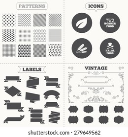 Seamless patterns. Sale tags labels. Natural food icons. Halal and Kosher signs. Gluten free. Chief hat with fork and spoon symbol. Vintage decoration. Vector