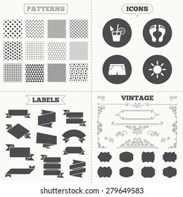 Seamless patterns. Sale tags labels. Beach holidays icons. Cocktail, human footprints and swimming trunks signs. Summer sun symbol. Vintage decoration. Vector