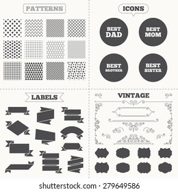 Seamless patterns. Sale tags labels. Best mom and dad, brother and sister icons. Award symbols. Vintage decoration. Vector