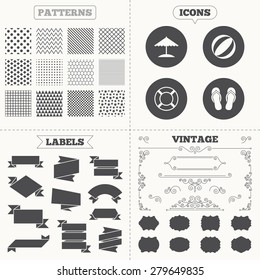 Seamless patterns. Sale tags labels. Beach holidays icons. Ball, umbrella and flip-flops sandals signs. Lifebuoy symbol. Vintage decoration. Vector