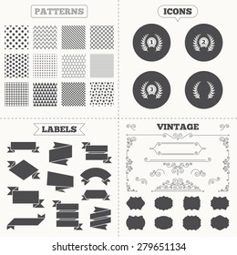 Seamless patterns. Sale tags labels. Laurel wreath award icons. Prize for winner signs. First, second and third place medals symbols. Vintage decoration. Vector