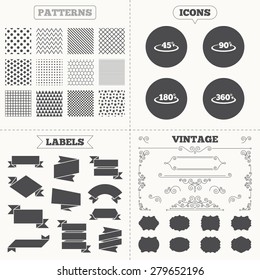 Seamless patterns. Sale tags labels. Angle 45-360 degrees icons. Geometry math signs symbols. Full complete rotation arrow. Vintage decoration. Vector