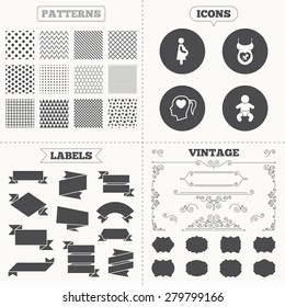 Seamless patterns. Sale tags labels. Maternity icons. Baby infant, pregnancy and dummy signs. Child pacifier symbols. Head with heart. Vintage decoration. Vector