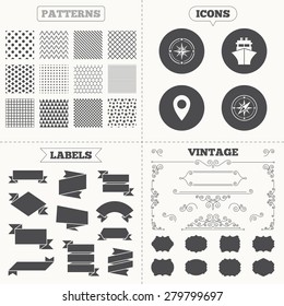 Seamless patterns. Sale tags labels. Windrose navigation compass icons. Shipping delivery sign. Location map pointer symbol. Vintage decoration. Vector