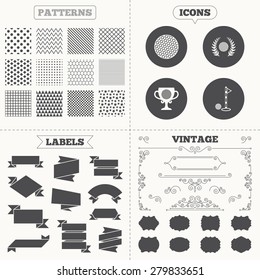 Seamless patterns. Sale tags labels. Golf ball icons. Laurel wreath winner award cup sign. Luxury sport symbol. Vintage decoration. Vector