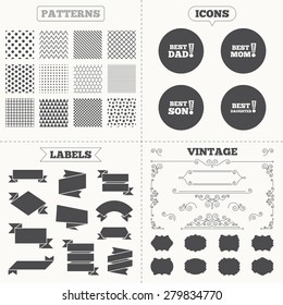 Seamless patterns. Sale tags labels. Best mom and dad, son and daughter icons. Awards with exclamation mark symbols. Vintage decoration. Vector
