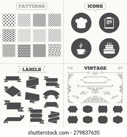 Seamless patterns. Sale tags labels. Coffee cup icon. Chef hat symbol. Birthday cake signs. Document file. Vintage decoration. Vector
