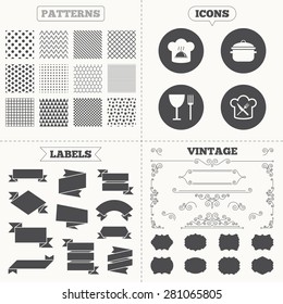 Seamless patterns. Sale tags labels. Chief hat and cooking pan icons. Crosswise fork and knife signs. Boil or stew food symbols. Vintage decoration. Vector
