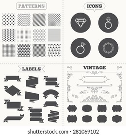 Seamless patterns. Sale tags labels. Rings icons. Jewelry with shine diamond signs. Wedding or engagement symbols. Vintage decoration. Vector