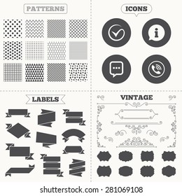 Seamless patterns. Sale tags labels. Check or Tick icon. Phone call and Information signs. Support communication chat bubble symbol. Vintage decoration. Vector