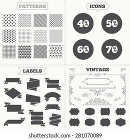 Seamless patterns. Sale tags labels. Sale discount icons. Special offer price signs. 40, 50, 60 and 70 percent off reduction symbols. Vintage decoration. Vector