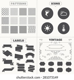 Seamless patterns. Sale tags labels. Weather icons. Cloud and sun signs. Storm symbol. Thermometer temperature sign. Vintage decoration. Vector
