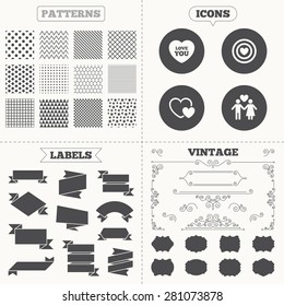 Seamless patterns. Sale tags labels. Valentine day love icons. Target aim with heart symbol. Couple lovers sign. Vintage decoration. Vector