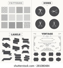 Seamless patterns. Sale tags labels. Scissors icons. Hairdresser or barbershop symbol. Scissors cut hair. Cut dash dotted line. Tailor symbol. Vintage decoration. Vector