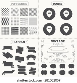 Seamless patterns. Sale tags labels. Sale pointer tag icons. Discount special offer symbols. 30%, 50%, 70% and 90% percent discount signs. Vintage decoration. Vector