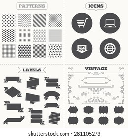 Seamless patterns. Sale tags labels. Online shopping icons. Notebook pc, shopping cart, buy now arrow and internet signs. WWW globe symbol. Vintage decoration. Vector