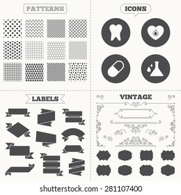 Seamless patterns. Sale tags labels. Maternity icons. Pill, tooth, chemistry and heart signs. Blood donation symbol. Lab bulb with drops. Dental care. Vintage decoration. Vector