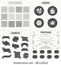 Seamless patterns. Sale tags labels. Honey icon. Honeycomb cells with bees symbol. Sweet natural food signs. Vintage decoration. Vector