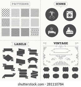 Seamless patterns. Sale tags labels. Hotel services icons. Washing machine or laundry sign. Hairdresser or barbershop symbol. Reception registration table. Quiet sleep. Vintage decoration. Vector