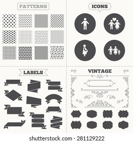 Seamless patterns. Sale tags labels. Family lifetime icons. Couple love, pregnancy and birth of a child symbols. Human male person sign. Vintage decoration. Vector