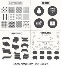 Seamless patterns. Sale tags labels. Business icons. Human silhouette and presentation board with charts signs. Case and gear symbols. Vintage decoration. Vector