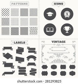 Seamless patterns. Sale tags labels. Graduation icons. Graduation student cap sign. Education book symbol. First place award. Winners cup. Vintage decoration. Vector