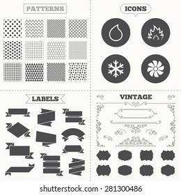 Seamless patterns. Sale tags labels. HVAC icons. Heating, ventilating and air conditioning symbols. Water supply. Climate control technology signs. Vintage decoration. Vector