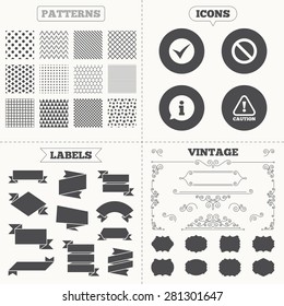 Seamless patterns. Sale tags labels. Information icons. Stop prohibition and attention caution signs. Approved check mark symbol. Vintage decoration. Vector