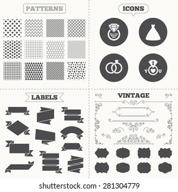 Seamless patterns. Sale tags labels. Wedding dress icon. Bride and groom rings symbol. Wedding or engagement day ring with diamond sign. Will you marry me? Vintage decoration. Vector