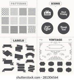 Seamless patterns. Sale tags labels. Sale icons. Special offer and thank you symbols. Gift box sign. Vintage decoration. Vector