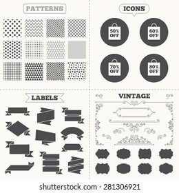 Seamless patterns. Sale tags labels. Sale bag tag icons. Discount special offer symbols. 50%, 60%, 70% and 80% percent off signs. Vintage decoration. Vector
