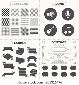 Seamless patterns. Sale tags labels. Musical elements icons. Microphone and Sound speaker symbols. Music note and acoustic guitar signs. Vintage decoration. Vector