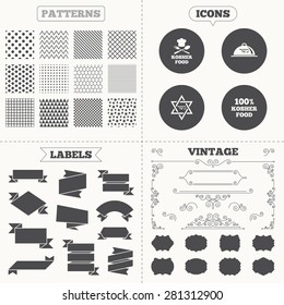 Seamless patterns. Sale tags labels. Kosher food product icons. Chef hat with fork and spoon sign. Star of David. Natural food symbols. Vintage decoration. Vector