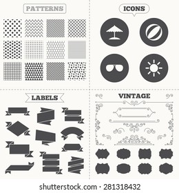 Seamless patterns. Sale tags labels. Beach holidays icons. Ball, umbrella and sunglasses signs. Summer sun symbol. Vintage decoration. Vector