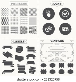 Seamless patterns. Sale tags labels. ATM cash machine withdrawal icons. Click here, check PIN number, processing and cash withdrawal symbols. Vintage decoration. Vector