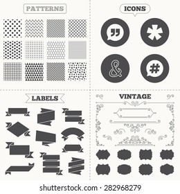 Seamless patterns. Sale tags labels. Quote, asterisk footnote icons. Hashtag social media and ampersand symbols. Programming logical operator AND sign. Speech bubble. Vintage decoration. Vector