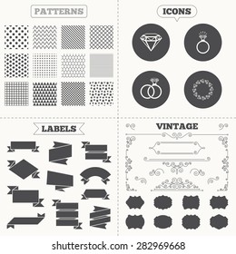 Seamless patterns. Sale tags labels. Rings icons. Jewelry with shine diamond signs. Wedding or engagement symbols. Vintage decoration. Vector