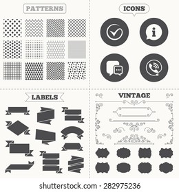 Seamless patterns. Sale tags labels. Check or Tick icon. Phone call and Information signs. Support communication chat bubble symbol. Vintage decoration. Vector