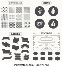 Seamless patterns. Sale tags labels. Business icons. Human silhouette and lamp bulb idea signs. Dollar money bag and gear symbols. Vintage decoration. Vector