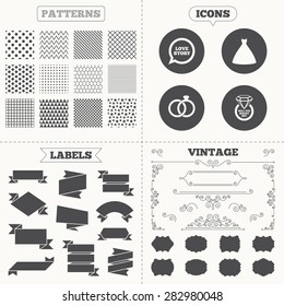 Seamless patterns. Sale tags labels. Wedding dress icon. Bride and groom rings symbol. Wedding or engagement day ring with diamond sign. Will you marry me? Vintage decoration. Vector