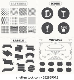 Seamless patterns. Sale tags labels. Alcoholic drinks icons. Champagne sparkling wine and beer symbols. Wine glass and cocktail signs. Vintage decoration. Vector