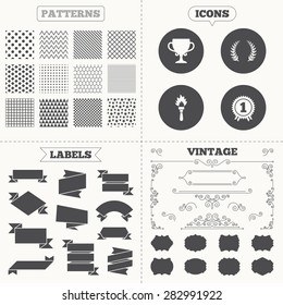 Seamless patterns. Sale tags labels. First place award cup icons. Laurel wreath sign. Torch fire flame symbol. Prize for winner. Vintage decoration. Vector