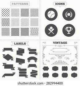 Seamless patterns. Sale tags labels. Baseball sport icons. Ball with glove and two crosswise bats signs. Winner award cup symbol. Vintage decoration. Vector