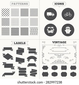 Seamless patterns. Sale tags labels. Transport icons. Truck, Bicycle, Public bus with driver and Ship signs. Shipping delivery symbol. Family vehicle sign. Vintage decoration. Vector