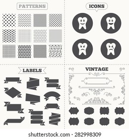 Seamless patterns. Sale tags labels. Tooth happy, sad and crying faces icons. Dental care signs. Healthy or unhealthy teeth symbols. Vintage decoration. Vector